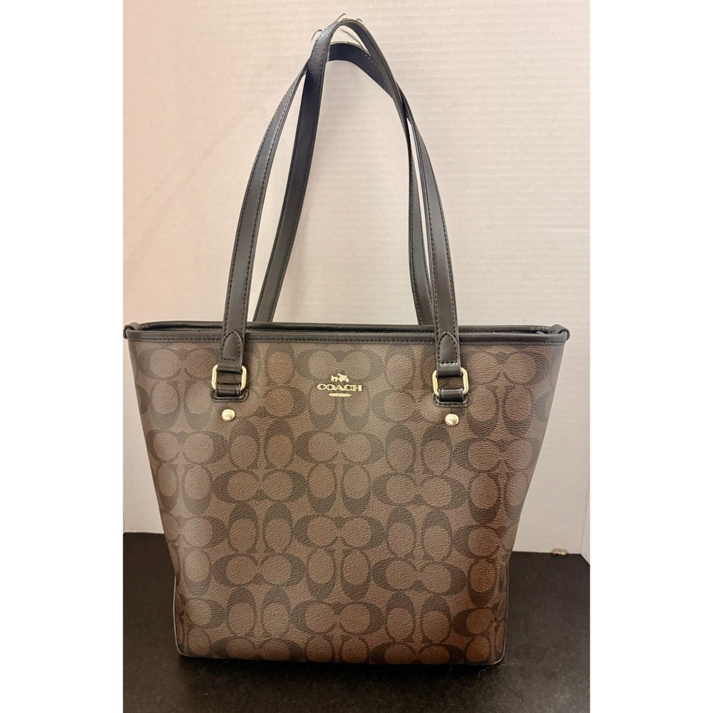 Coach Ava Signature Logo Zip Top Tote Shoulder bag Brown/Black Gold Hardware